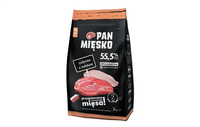 KARMA PAN MIĘSKO SUCHA DLA PSA CIELĘCINA Z INDYKIEM (DOROSŁY) CHRUPKI M 3KG